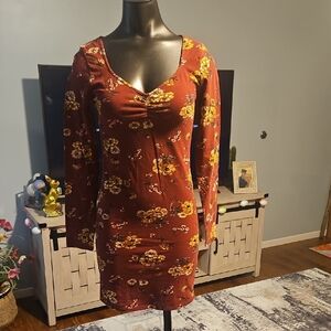 Wild FableFloral Long-Sleeve Scoop Neck Dress in Rust, Size XS